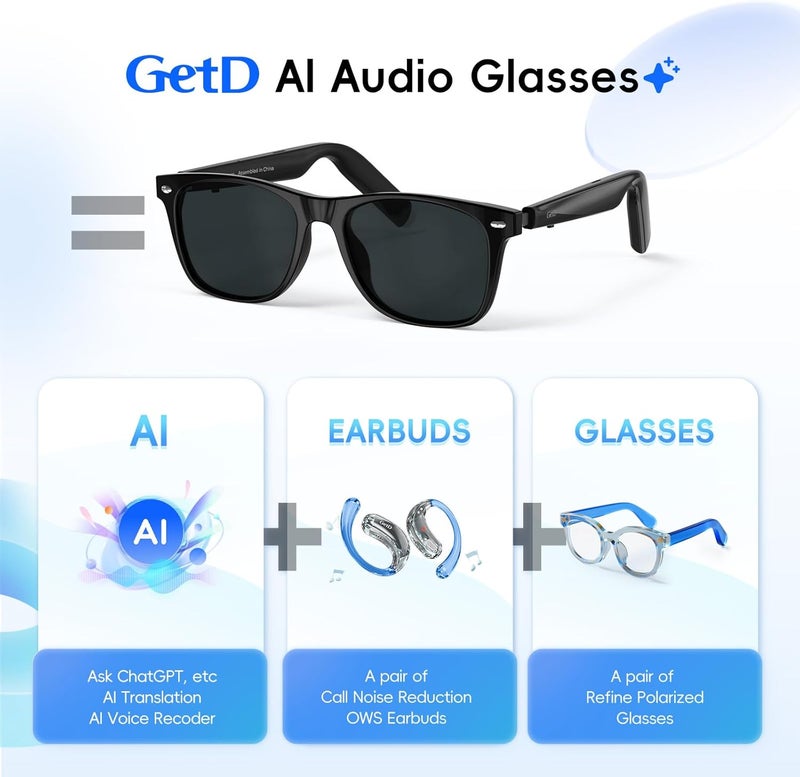 GetD AI Glasses for Men & Women, Smart Glasses Powered by ChatGPT, AI Real-time Translation with 145 languages, 11H Music Play, Bluetooth Sunglasses with Polarized Lens, UV Protection for Daily Use, Travel - Image 2